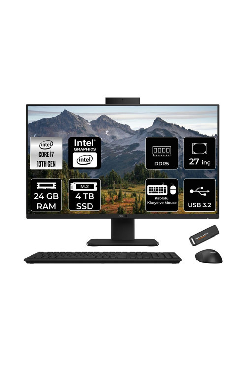 V470 i7 13620H 24GB 4TB SSD 27" FHD 100Hz FDOS All in One Bilgisayar Siyah & PER4 USB Bellek