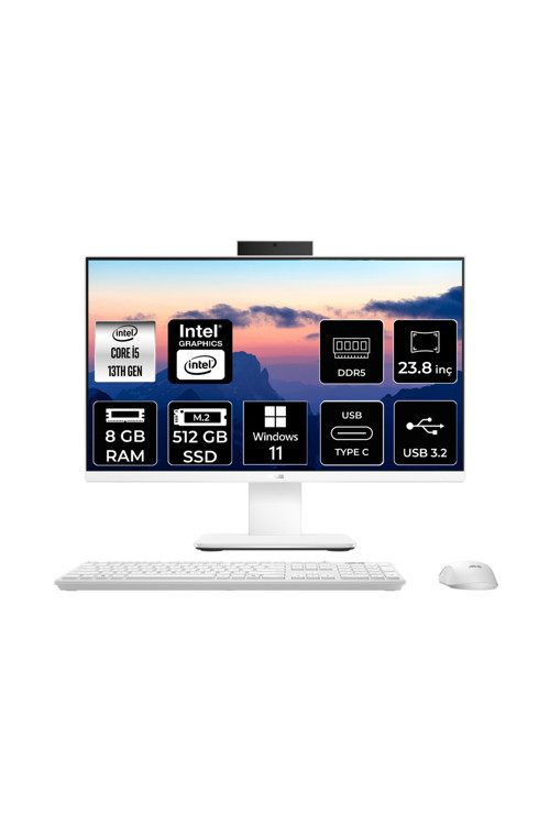 V440 Intel Core i5 13420H 8GB 512GB SSD 23.8" FHD W11H All in One Bilgisayar Beyaz & USB Bellek