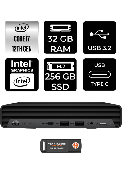Pro Mini 400 G9 i7-12700T 32GB RAM 256GB SSD FDOS 6D378EA MİNİ PC & PER4 BELLEK