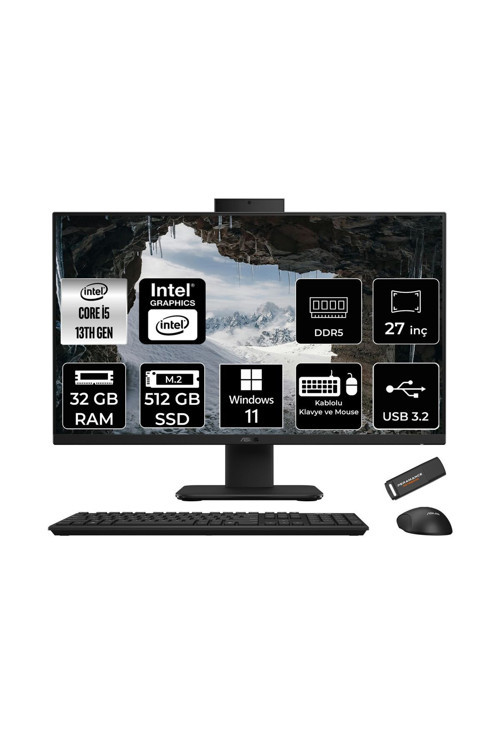 V470 i5 13420H 32GB 512GB SSD 27" FHD 100Hz W11H All in One Bilgisayar Siyah & PER4 USB Bellek