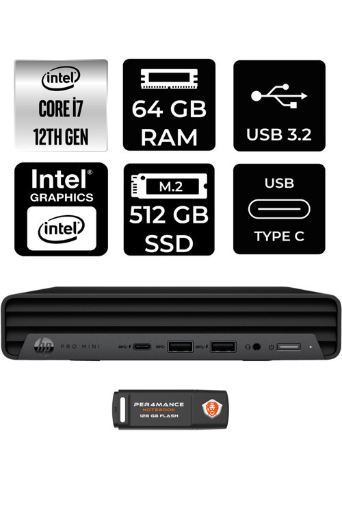 Pro Mini 400 G9 i7-12700T 64GB RAM 512GB SSD FDOS 6D378EA MİNİ PC & PER4 BELLEK