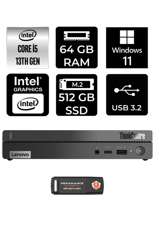 Thinkcentre 50Q Gen 4 i5-13420H 64GB RAM 512GB SSD W11HOME 12LN0048TR MİNİ PC & PER4 BELLEK