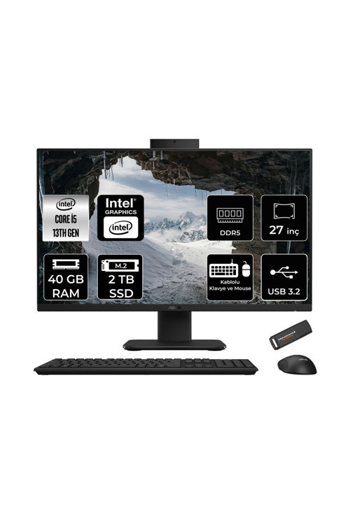 V470 i5 13420H 40GB 2TB SSD 27" FHD 100Hz FDOS All in One Bilgisayar Siyah & PER4 USB Bellek