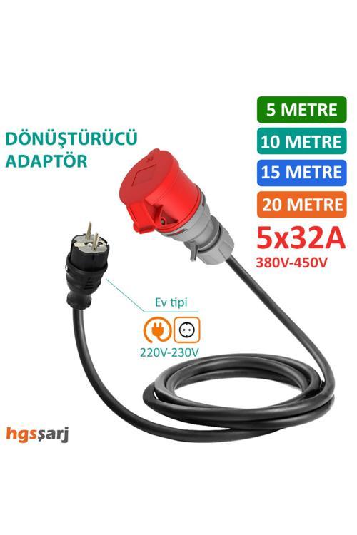 20 Metre - 5X32A 380V Ile Çalışan Cihazınızı, 220V Ev Tipi Prize Bağlar. Elektrikli Araç