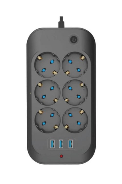 Termal Akım Korumalı, Çocuk Korumalı, 6’lı 2 Mt Uzatma Kablosu 6 X Priz, 3 X Usb