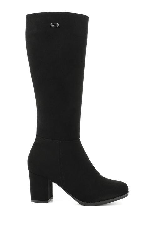 Kadın Siyah Süet Yuvarlak Burun Fermuarlı Kalın Topuklu Çizme