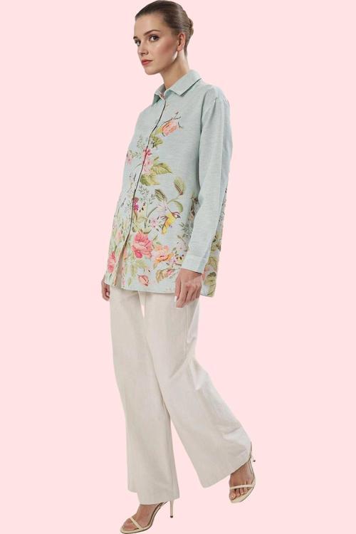 Kadın Çiçekli Desenli Oversize Keten Görünümlü Gömlek Polyester Günlük Kullanım Hafta Sonu