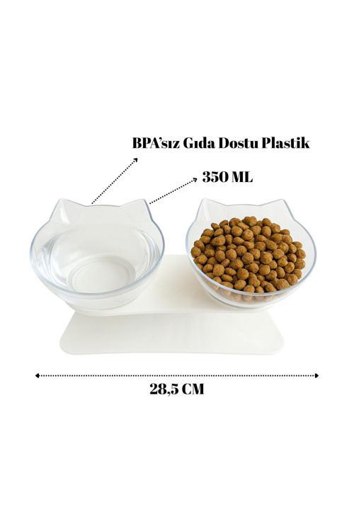 Çift Hazneli Kedi Kulaklı Beslenme Mama ve Su Kabı 350 ML