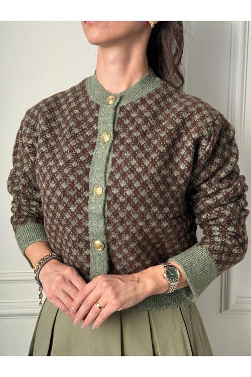 Kadın Haki Kahve Bisiklet Yaka Gold Düğme Detaylı Desenli Triko Hırka