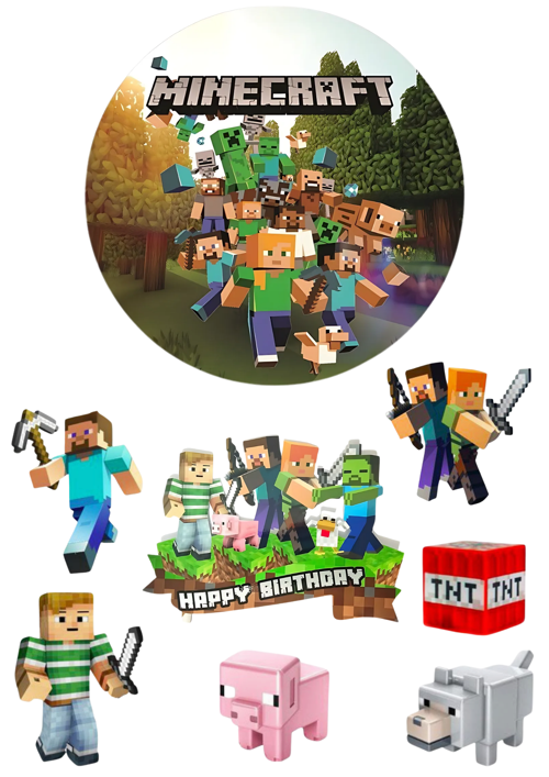 Yenilebilir Yuvarlak Pasta ve Figür Resim Baskısı Şekerli Kağıt Minecraft Temalı 36