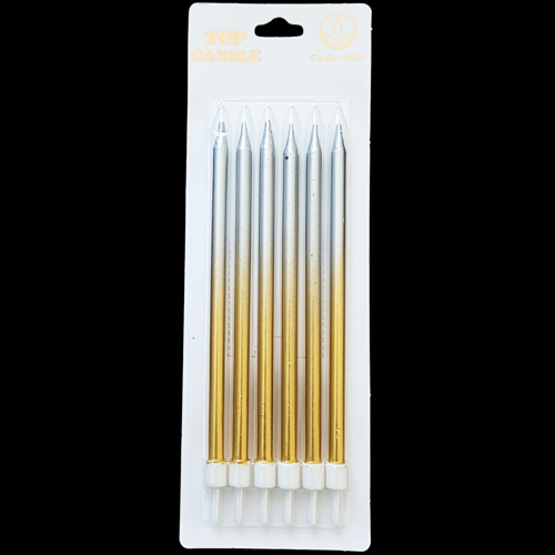 Altın Gümüş Geçişli Metalik İnce Uzun Pasta Mum 16 cm * 6 Adet