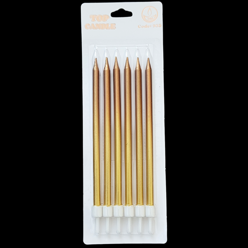 Altın Bronz Geçişli Metalik İnce Uzun Pasta Mum 16 cm * 6 Adet