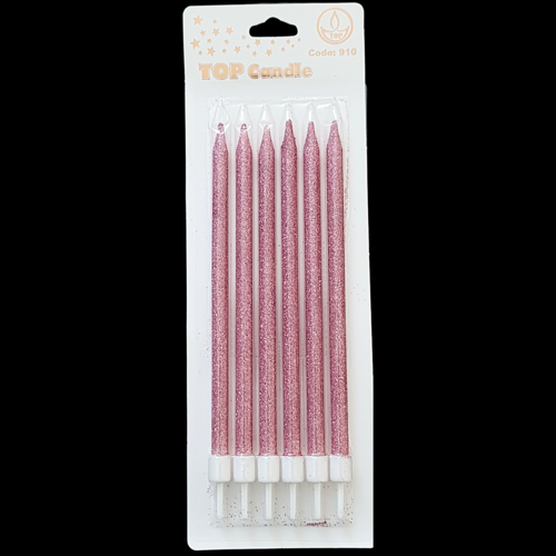 Pembe Simli İnce Uzun Pasta Mum 16 cm * 6 Adet
