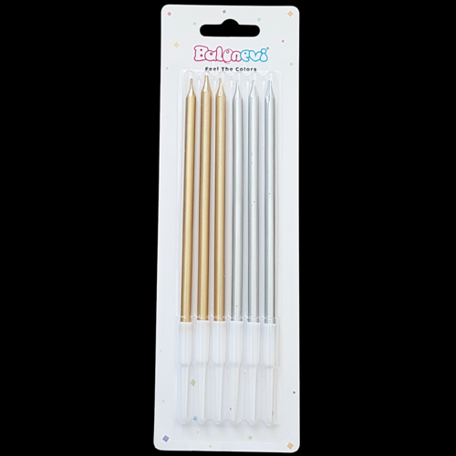 Altın Gümüş Karışık İnce Uzun Pasta Mum 14 cm * 6 Adet