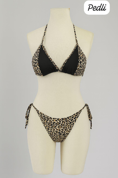 Kadın Siyah Ve Leopar Detaylı Yandan Bağlamalı Bikini Takımı