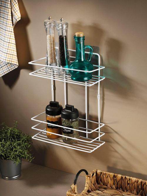 2 Katlı Beyaz Mutfak Askısı, Baharatlık Rafı - Duvara Monte, Yapıştır/Vidala, Paslanmaz Metal 26 x 3