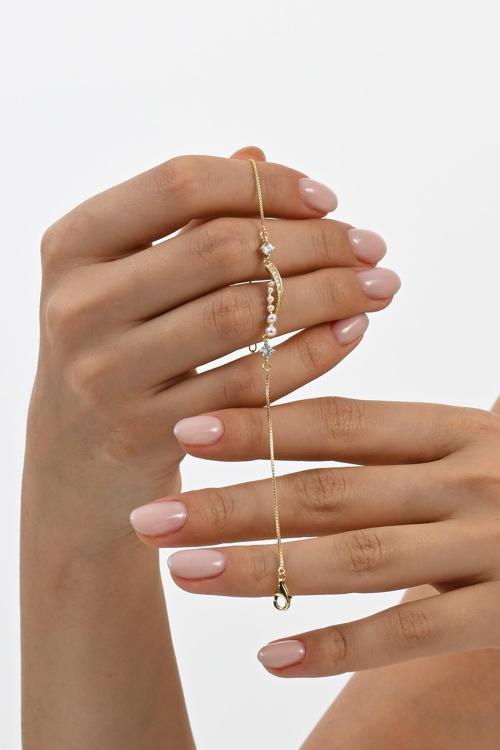 925 ayar gümüş altın yaldızlı inci ve zirkon taşlı parıltı seli gümüş bileklik [barcode]