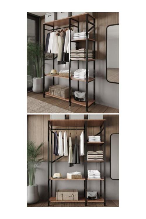 Alkor 180X120X30 Metal Masif Ahşap Desenli Yonga Levha Açık Giyinme Dolap Portmanto Raf