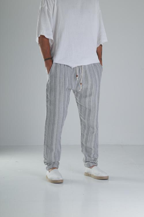Gri Çizgili Müslin Keten Baggy Pantolon