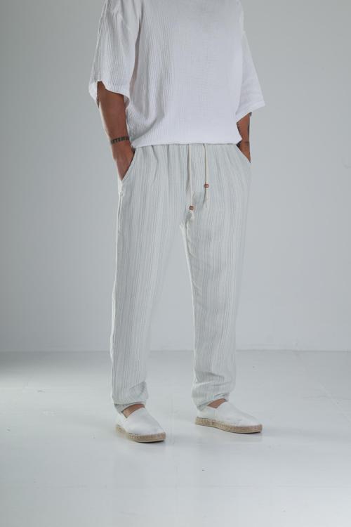 Yeşil Çizgili Müslin Keten Baggy Pantolon