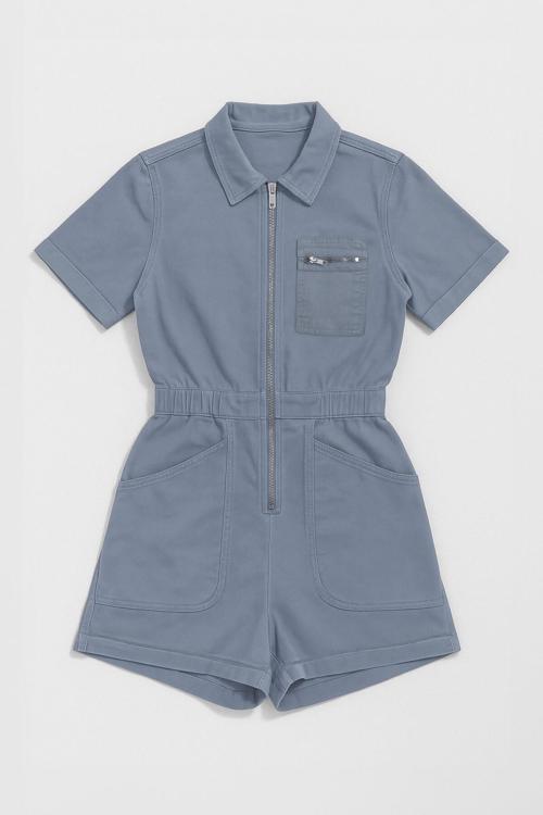 Kadın Kısa Kollu Fermuarlı Beli Lastikli Jean Tulum Şort