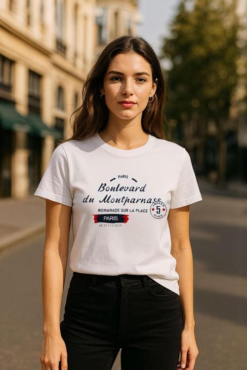 Kadın Bisiklet Yaka Baskılı Siyah T-shirt