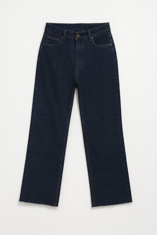 Kadın Yüksek Bel Geniş Kesim Bol Paça Lacivert Jean Pantolon