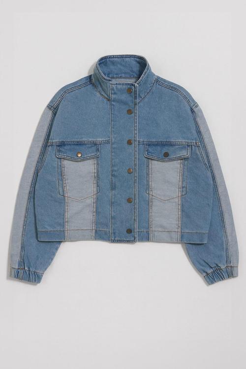 Kadın Renk Bloklu Oversize Jean Ceket