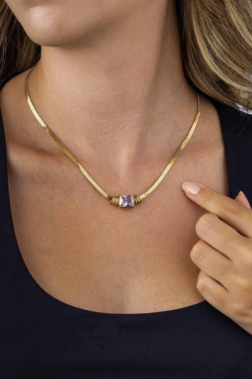 Baget Taşlı Altın Kaplama İtalyan Zincir Kadın Çelik Zincir