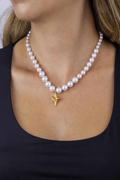 Yıldız Figürlü İnci Taneli Altın Kaplama Kadın Çelik Kolye