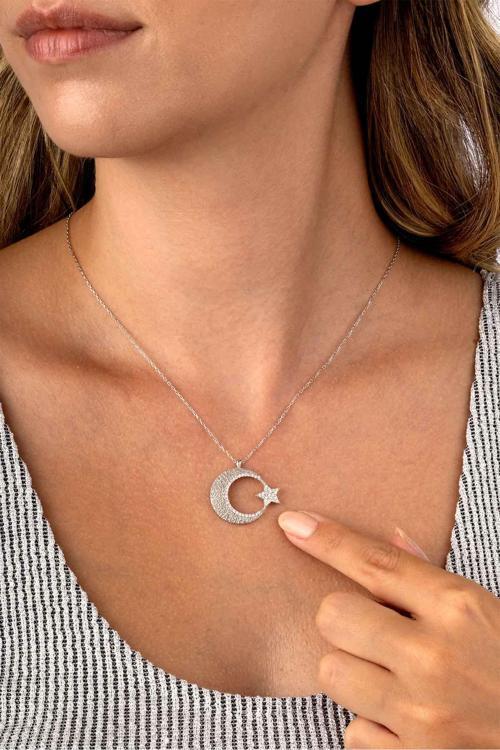 Beyaz Altın Kaplama Ay Yıldız 925 Ayar Gümüş Kadın Kolye