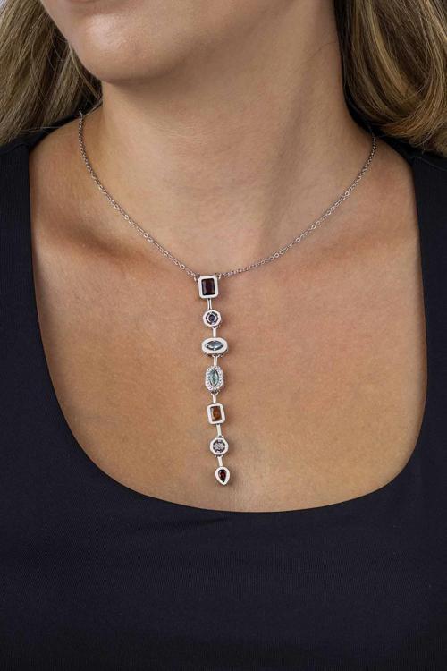 Sıralı Renkli Taşlı Beyaz Altın Kaplama Çelik Kadın Y Kolye