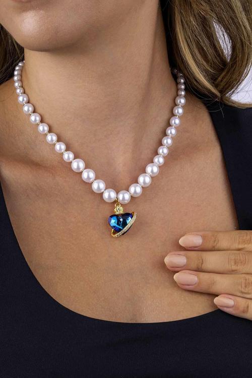 Mavi Kalp Motifli İnci Taneli Altın Kaplama Kadın Çelik Kolye