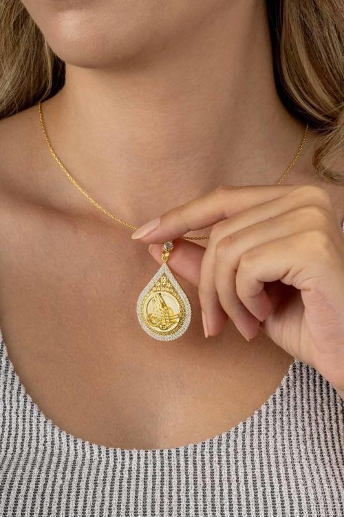 Damla Kesim Osmanlı Tuğralı Altın Kaplama Kadın Gümüş Kolye