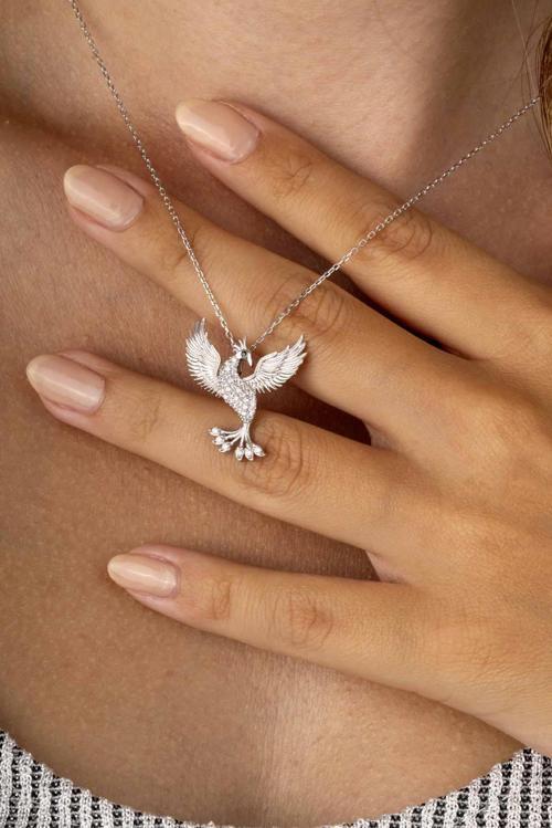 Beyaz Altın Kaplama Beyaz Taşlı Anka Kuşu Kadın Gümüş Kolye