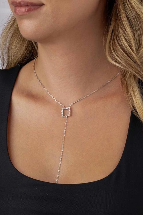 Baget Taşlı Kare Y Model Beyaz Altın Kaplama Kadın Çelik Kolye