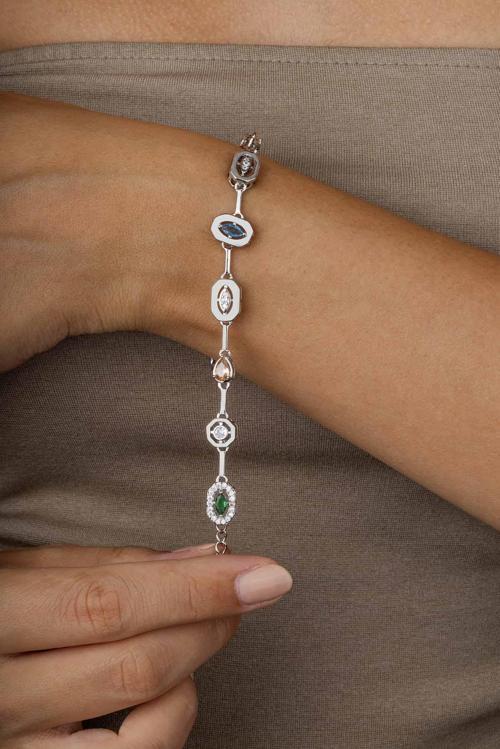 Beyaz Altın Kaplama Sıralı Renkli Taş Kadın Çelik Bileklik