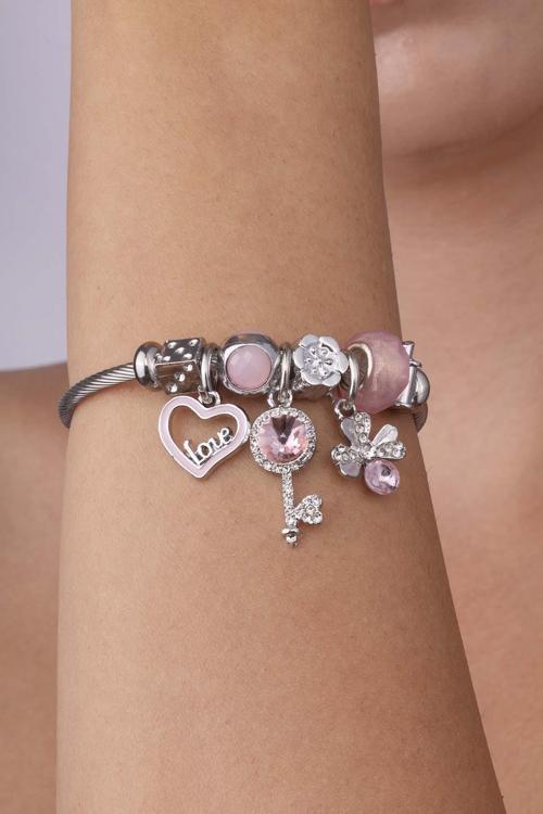 Kalp Yonca Anahtar Figürlü Beyaz Altın Kaplama Çelik Kadın Charm Bileklik