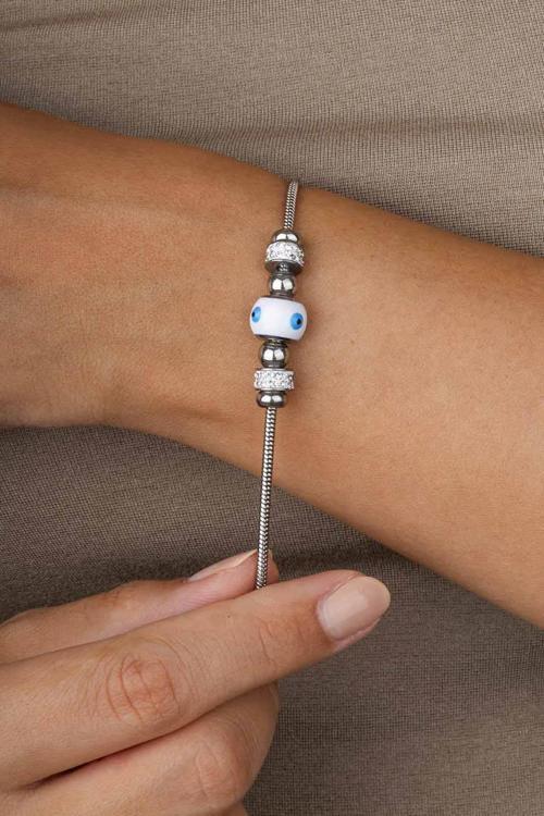 Beyaz Altın Kaplama Göz Figürlü Çelik Kadın Bileklik