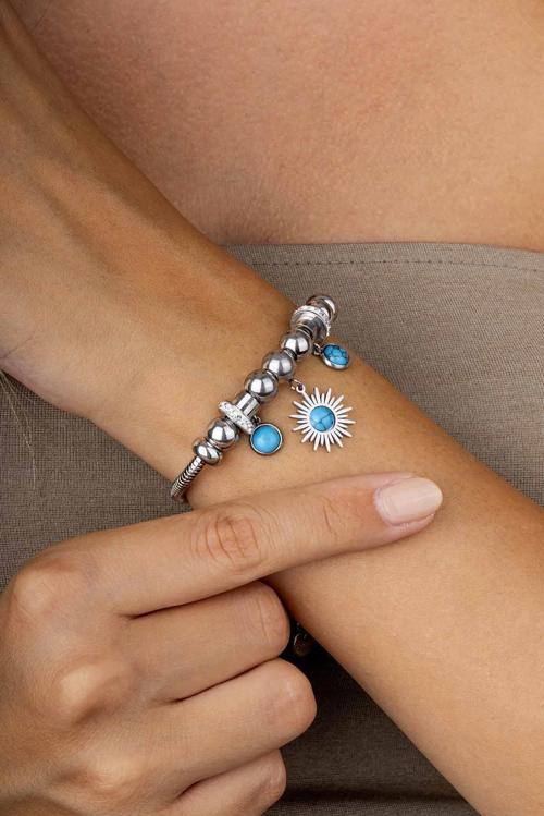 Firuze Taşlı Beyaz Altın Kaplama Güneş Figürlü Kadın Charm Bileklik