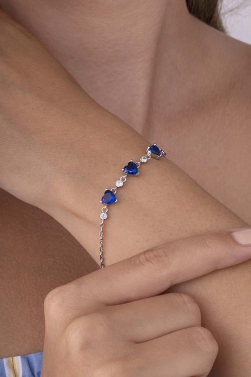 Safir Üçlü Kalp 925 Ayar Gümüş Kadın Bileklik