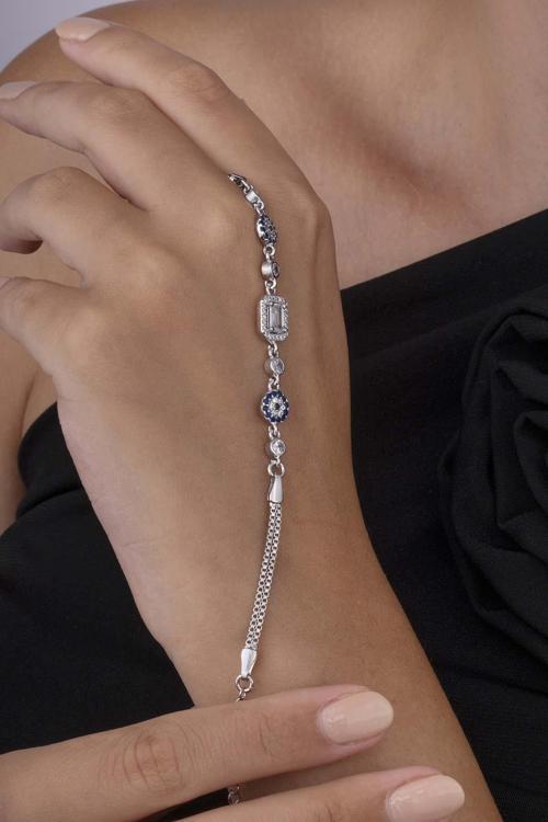 Nazar Boncuklu Baget Taşlı 925 Ayar Gümüş Kadın Bileklik