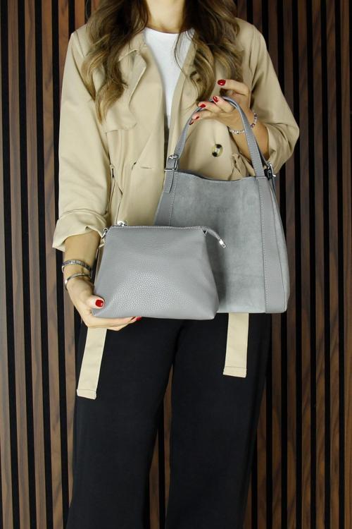 Gri Hakiki Dana Süet Manyetik Kapaklı Büyük Boy Günlük Omuz Çantası ve Askılı El Çantası