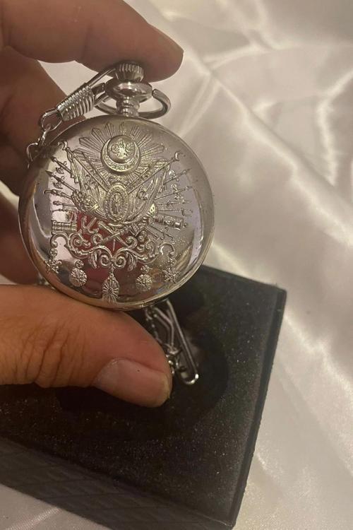 Gümüş Saat Köstekli Saat Tuğra Kabartmalı Pilli