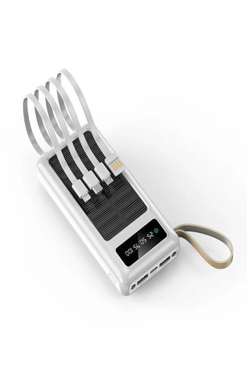 30,000Mah Güneş Enerjili Powerbank 2 Usb, Mikro Lightning Type-C Kablolu Fenerli Taşınabilir Batarya