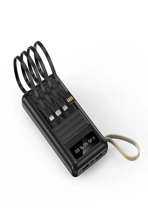 30,000Mah Güneş Enerjili Powerbank 2 Usb, Mikro Lightning Type-C Kablolu Fenerli Taşınabilir Batarya