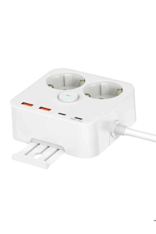 3680W Akım Korumalı 2'Li Priz 2 Usb, 2 Type-C, 1.4M Kablo, 3.4A Çıkış, Askı Aparatlı Uzatma Kablosu