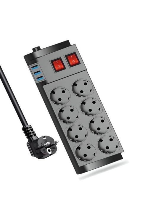 Ftr008 4000Watt 16A Akım Korumalı 2 Anahtarlı Priz 8'Li Priz 3'Usb 2Metre Kablo Çoklayıcı