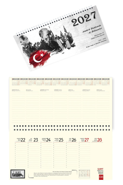 2027 Atatürk Haftalık Masa Takvimi Masa Sümeni Büyük Boy 33x16 cm