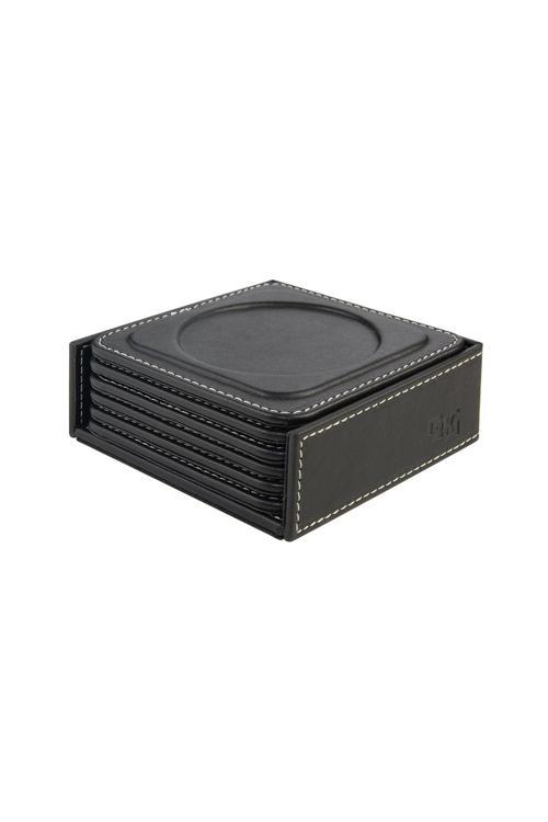 Bardak Altlığı,6’lı Set,Masaüstü Yuvarlak Cup Coaster,Vegan Suni Deri,11x11 cm.,Siyah